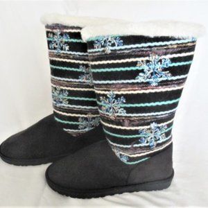 Striped snowflake boots; fleece-lined; knit-cover; TPR soles
